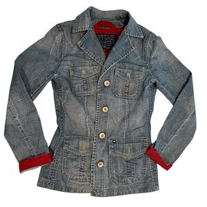 LTB Blue Denim Jacket with Red Lining, Metal Buttons, Collared - Size S